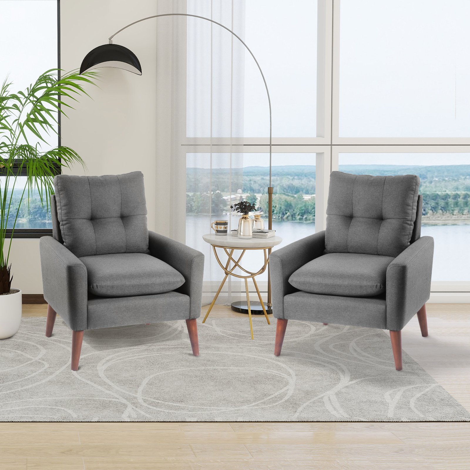 Modern Upholstered Grey Accent Chair Armchair with Pillow, Single Sofa with Lounge Seat and Wood Legs 2 Pcs Modern Upholstered Grey Accent Chair Armchair with Pillow, Single Sofa with Lounge Seat and Wood Legs 2 Pcs