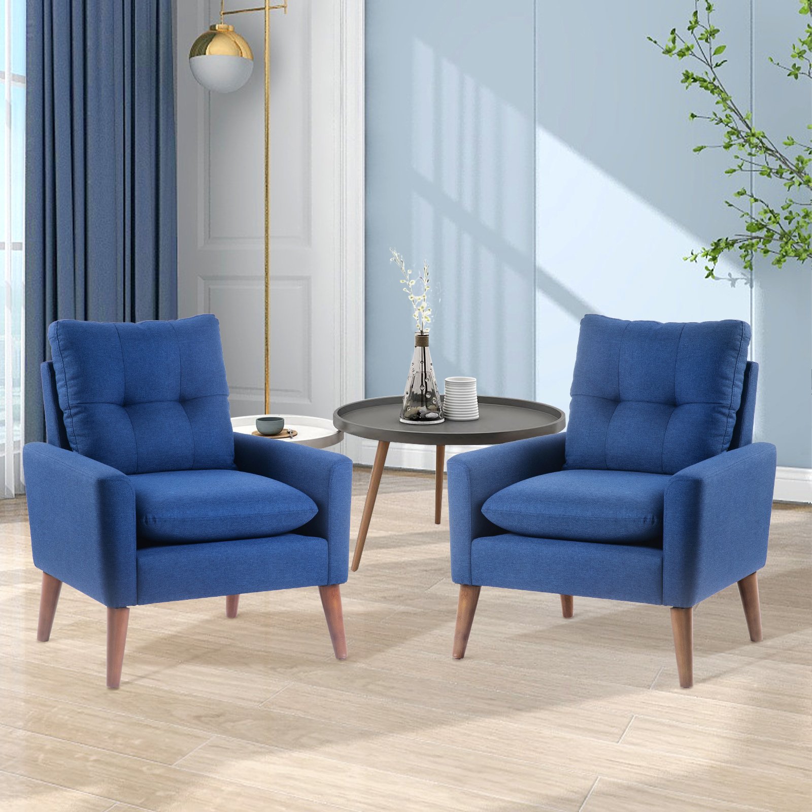 Modern Upholstered Blue Accent Chair Armchair with Pillow, Single Sofa with Lounge Seat and Wood Legs 2 Pcs Modern Upholstered Blue Accent Chair Armchair with Pillow, Single Sofa with Lounge Seat and Wood Legs 2 Pcs