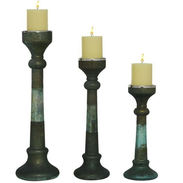 DecMode 3 Candle Green Glass Candle Holder, Set of 3 DecMode 3 Candle Green Glass Candle Holder, Set of 3