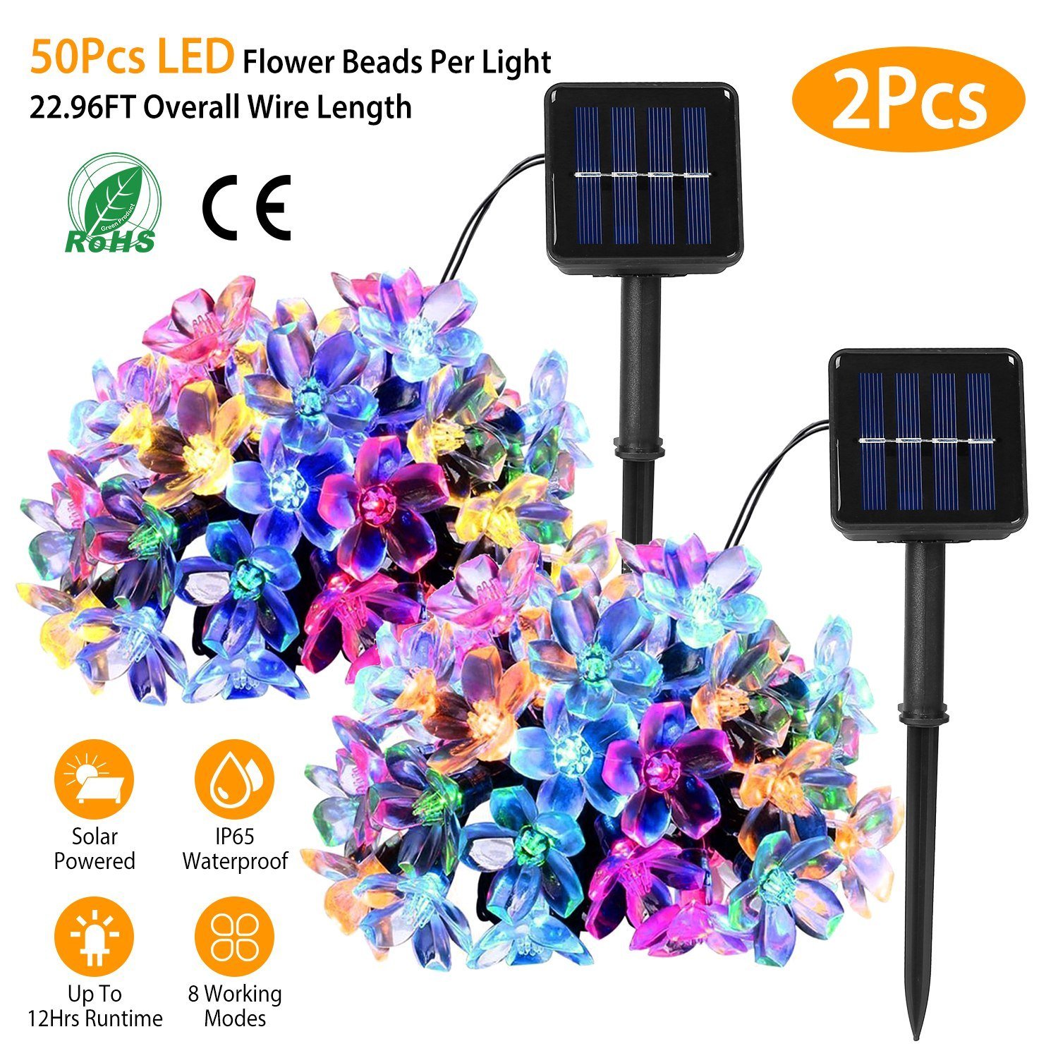 2Pcs Solar Powered String Lights 50LED Beads Fairy Sakura Flower Blossom Lights 2Pcs Solar Powered String Lights 50LED Beads Fairy Sakura Flower Blossom Lights